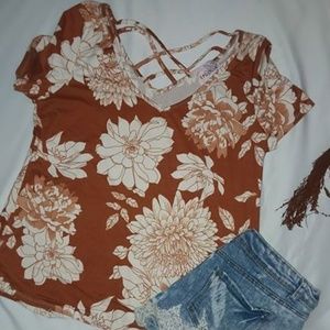 Tan & White Floral V Neck Shirt